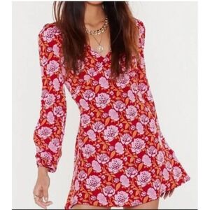 Nasty Gal NEW Pink Babydoll Girly Floral Long Sleeve Mini Dress Womens Size 2
